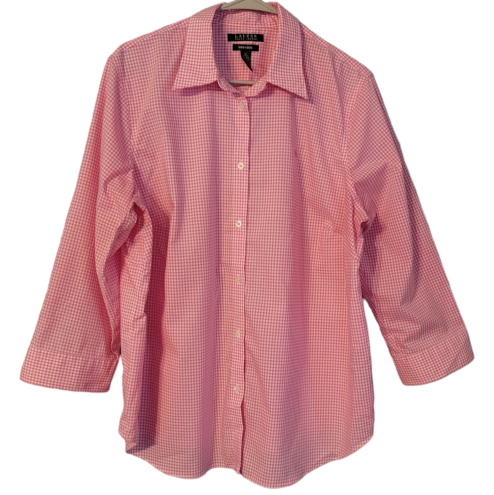 Lauren Ralph Lauren Women Pink Button Front Non Iron 3/4 sleeve Shirt Top Sz 1X